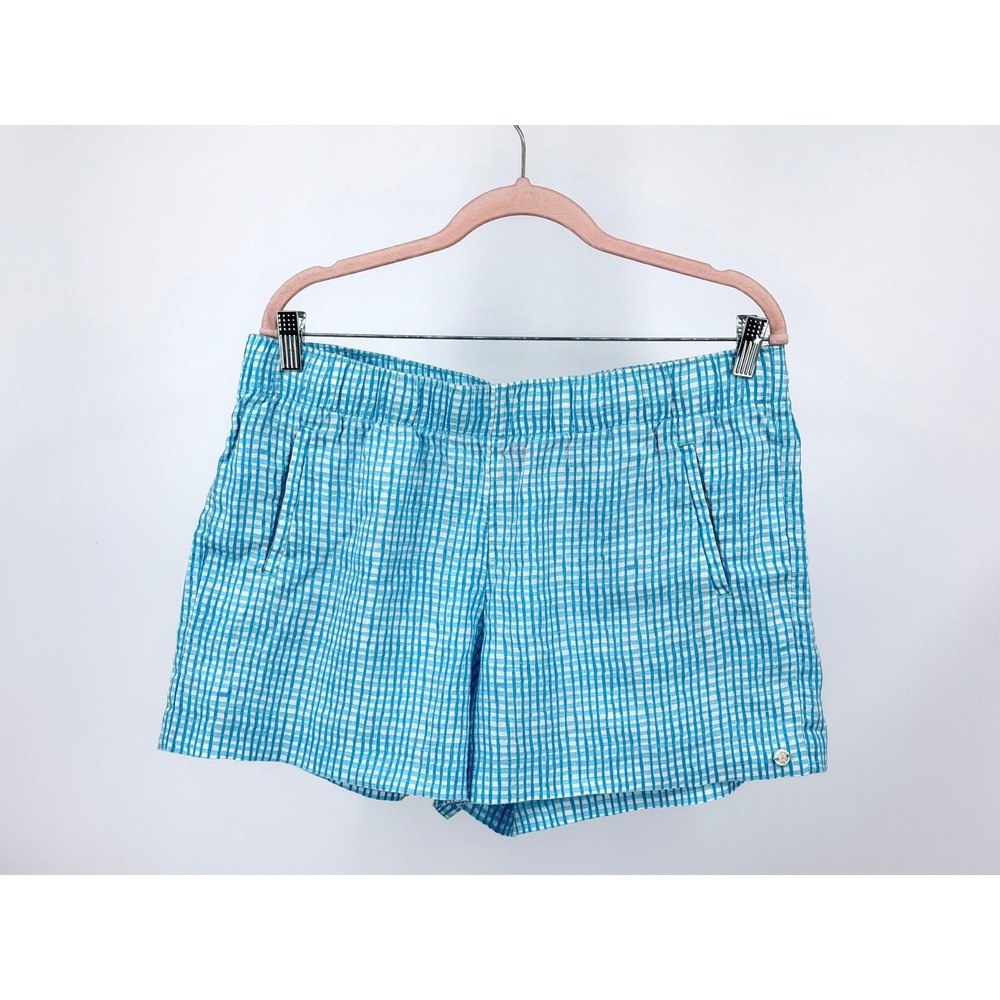 Lilly Pulitzer Linen Shorts Womens L Blue Gingham 010404 Elastic Waist